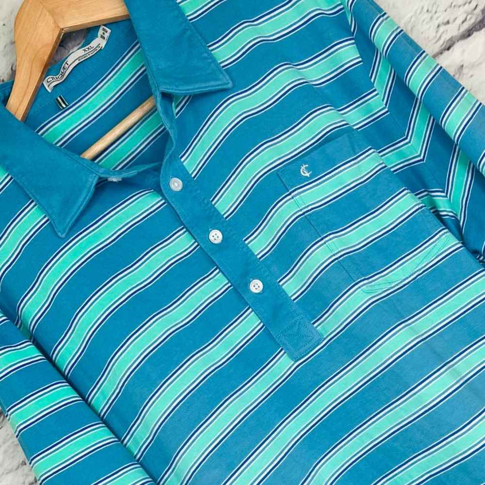 CRIQUET Men's 2XL XXL Organic Cotton Striped Pocket Golf Polo Shirt Blue Green